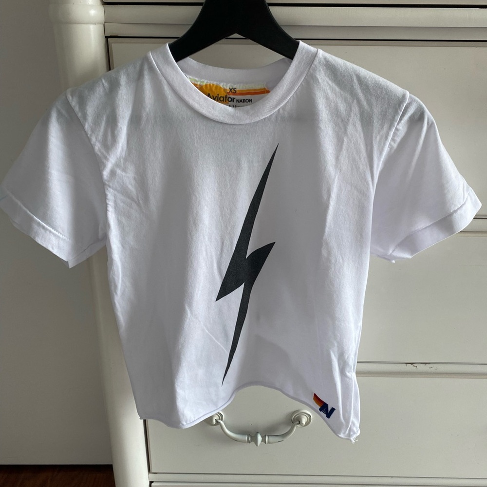 Aviator Nation White Tee with Black Lightning Bolt